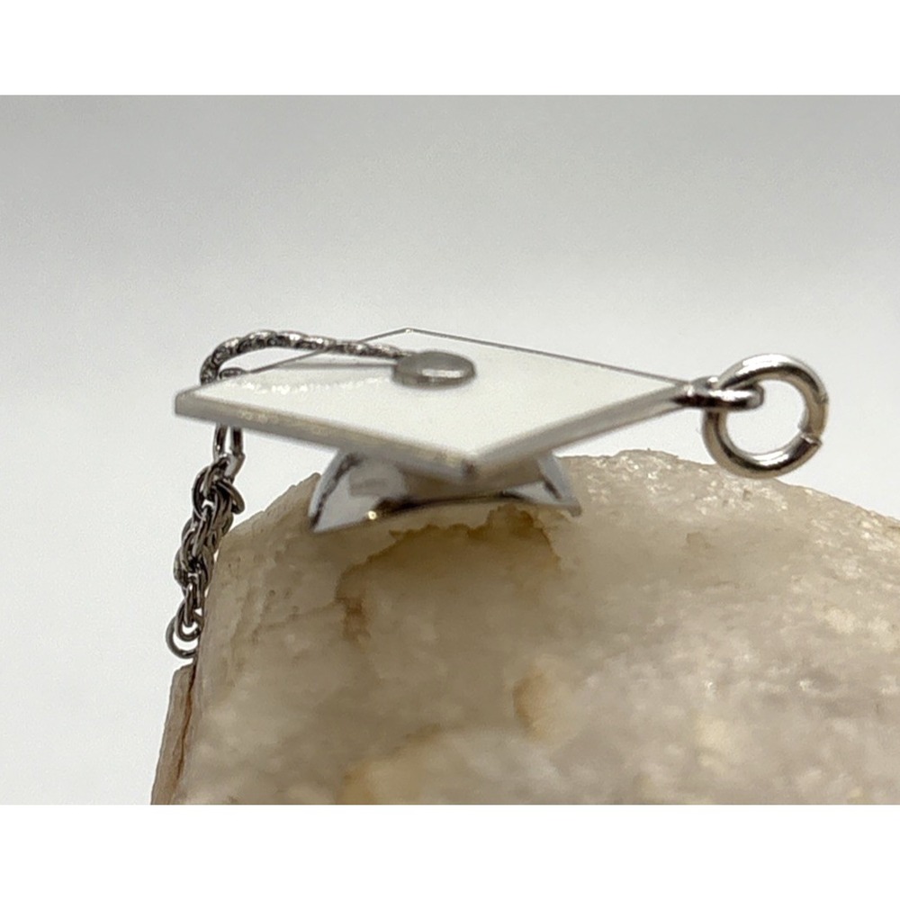 Vintage Graduation Cap White Enamel Tassel Charm Pendant Sterling 925 Silver
